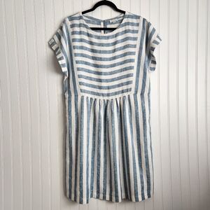 GARNET HILL Blue White Striped 100% Linen Coastal Natural Mini Dress 12